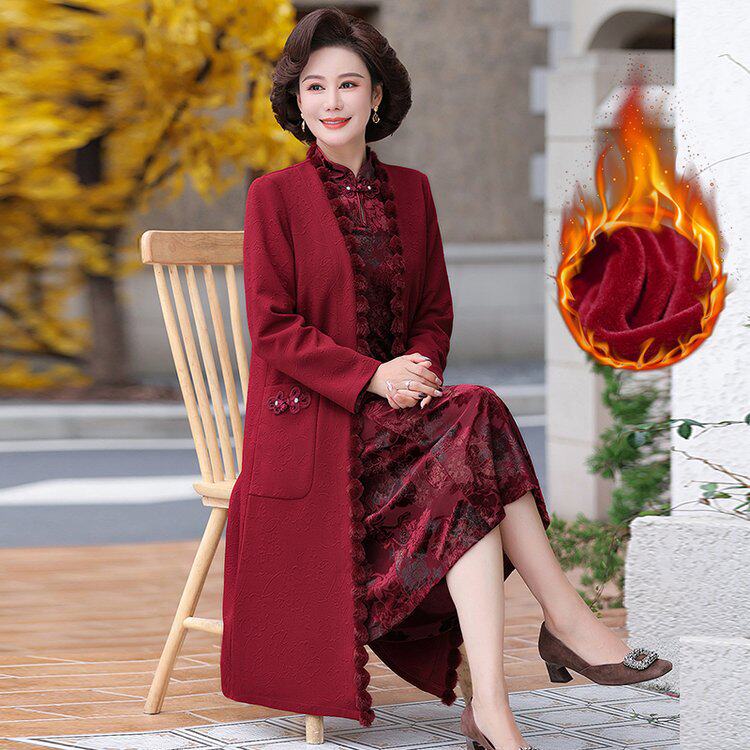 妈妈冬装中长款连衣裙时尚中老年女秋冬装洋气加绒加厚打底衫旗袍