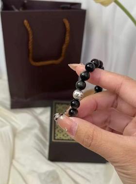 足银新款六字箴言情侣转运珠六字真言手串男佛珠高级感银曜石