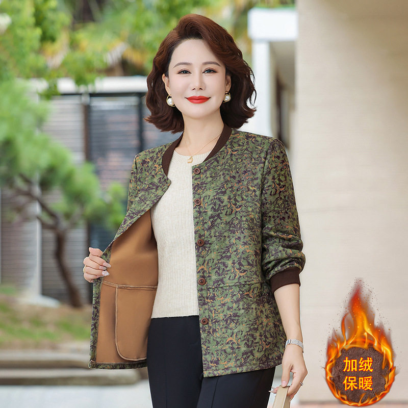 中老年女装秋冬新款碎花外套妈妈装洋气休闲小香风夹克加绒保暖上