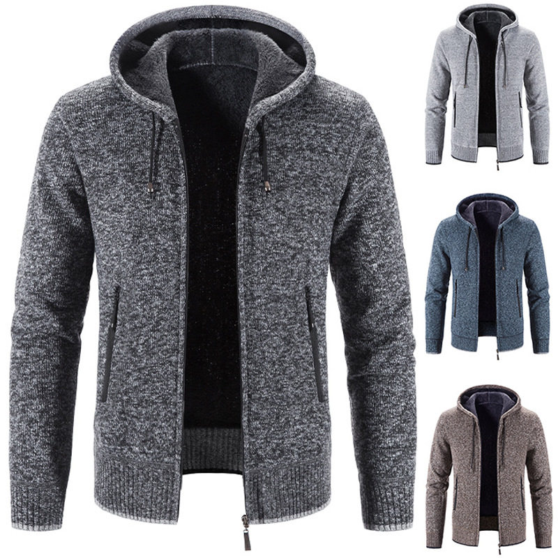 秋冬季针织开衫连帽休闲时尚男士潮长袖青年拉链口袋加绒毛衣外套