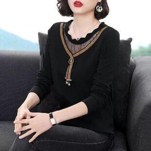 2026女士新款上衣春秋打底衫女韩版宽松蕾丝衫中年妈妈装长袖恤