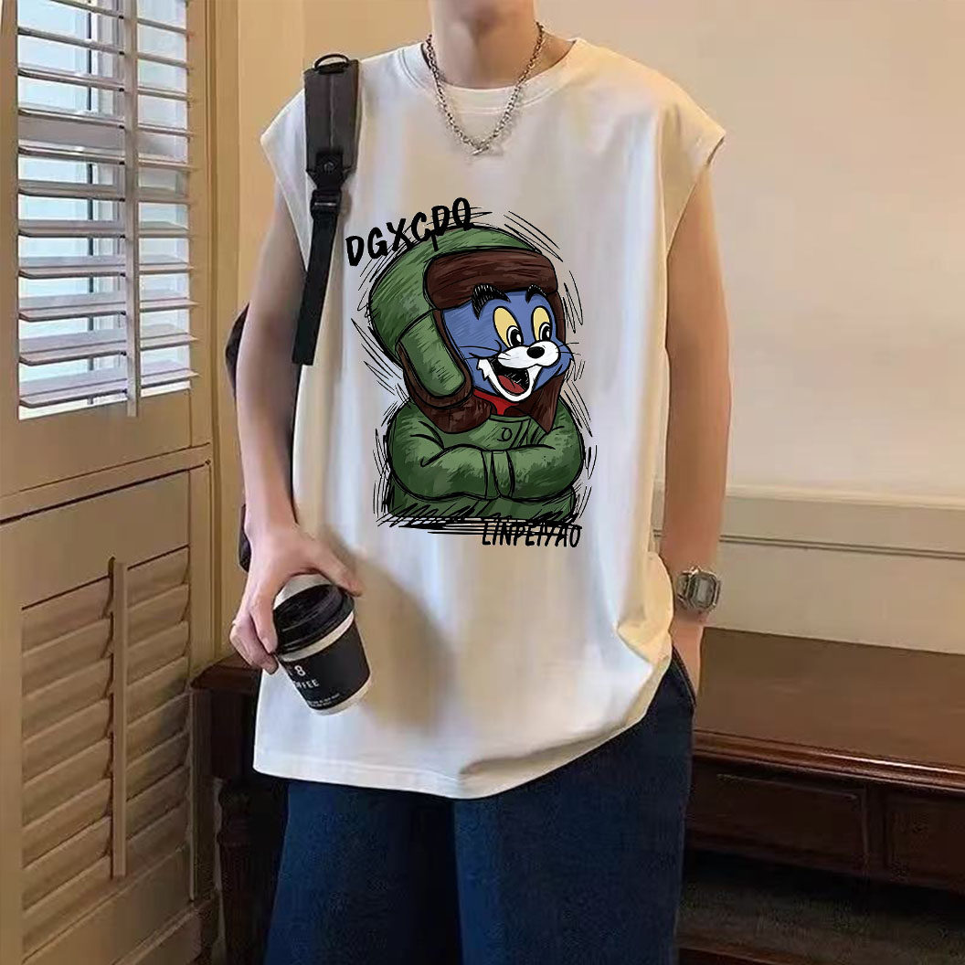 日系复古军衣汤姆猫百搭背心t恤男女夏chic港风oversize无袖上衣2