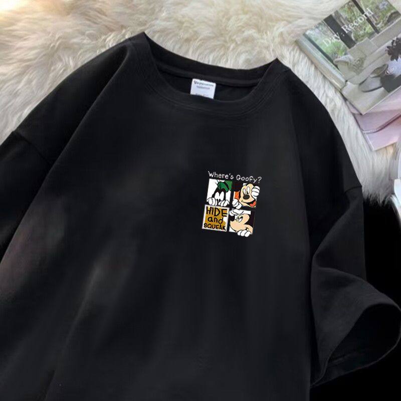 重磅纯棉港风米老鼠卡通印花圆领男女简约潮流帅气情侣半截袖上衣