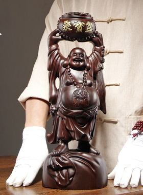 黑檀木雕刻弥勒佛像摆件聚宝盆大肚笑佛家居电视柜装饰红木工艺品