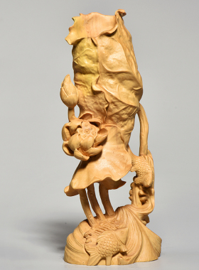 黄杨木雕实木雕刻莲花工艺品复古禅意办公室摆件创意荷叶笔筒荷塘