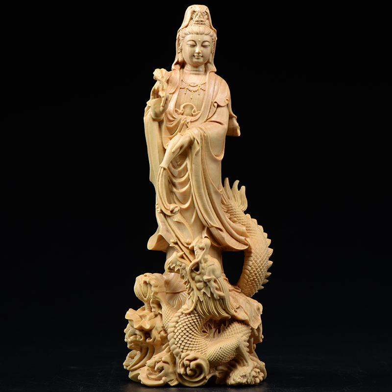 小叶黄杨木雕腾龙观音摆件实木头雕刻观音菩萨佛像红木家居工艺礼