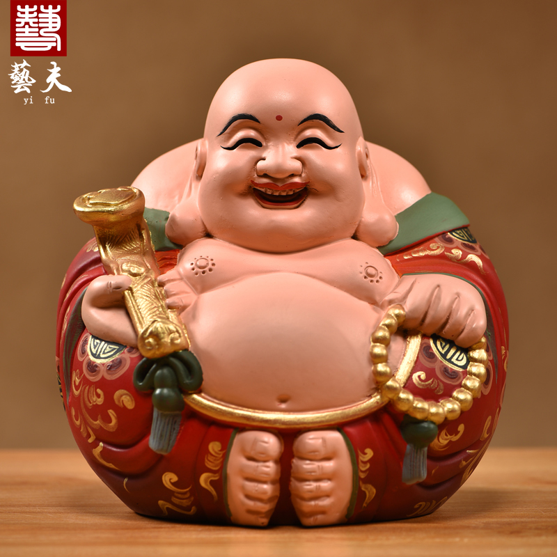 实木雕刻弥勒佛像摆件新中式彩绘一团和气坐笑佛客厅玄关办公装饰
