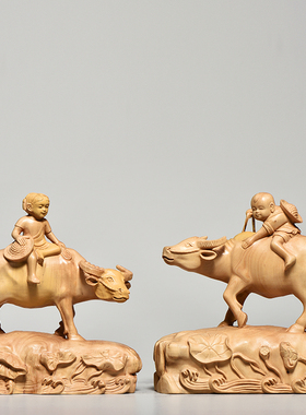 大叶黄杨木雕牧童骑牛摆件实木头雕刻青梅竹马红木家居饰品工艺品