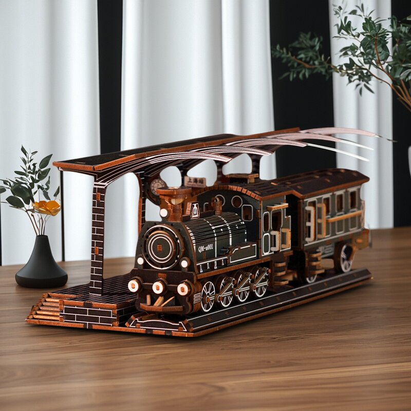 木制蒸汽火车模型木质3D立体拼图儿童成人diy手工制作拼装玩具