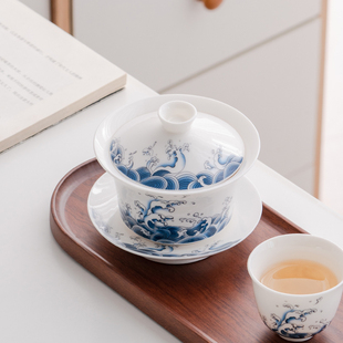 泡茶杯家用茶具不烫手 羊脂玉盖碗茶杯白瓷单个高档三才茶碗套装