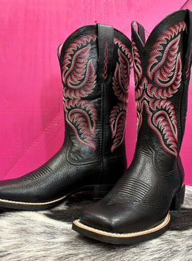 美国代购ARIAT女款黑色玫红刺绣高筒牛仔靴方头粗跟西部靴复古