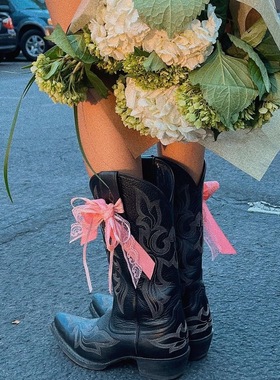 ARIAT女靴牛仔靴黑色刺绣尖头中跟复古西部靴2025新款工装靴