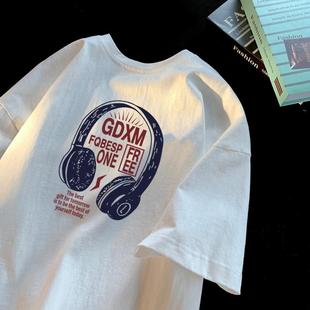 宽松圆领短袖 复古夏季 t恤 T恤男美式 ins潮牌耳机印花重磅纯棉短袖