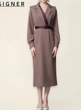 D E S I G N E R香港连衣裙长袖V领棕色高个子裙子2025秋冬新款