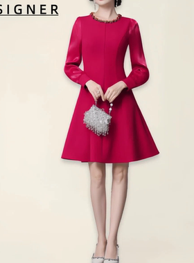 D E S I G N E R香港掐腰连衣裙2025新款精致红色长袖收腰A字裙