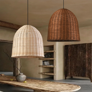 餐厅灯侘寂风吊灯禅意茶室民宿灯复古藤艺灯日式手工编织藤编灯罩