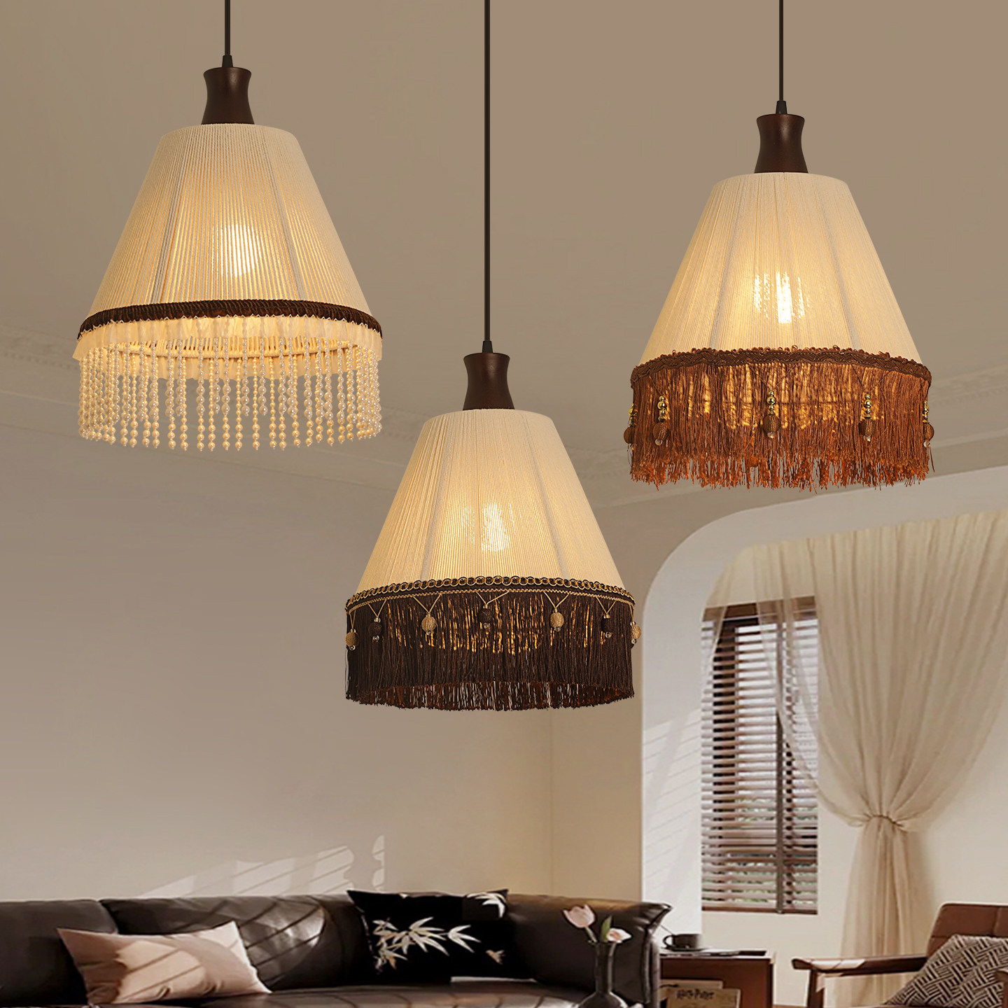 法式流苏吊灯复古风创意民宿客厅卧室木艺灯餐厅吧台酒店布艺灯具