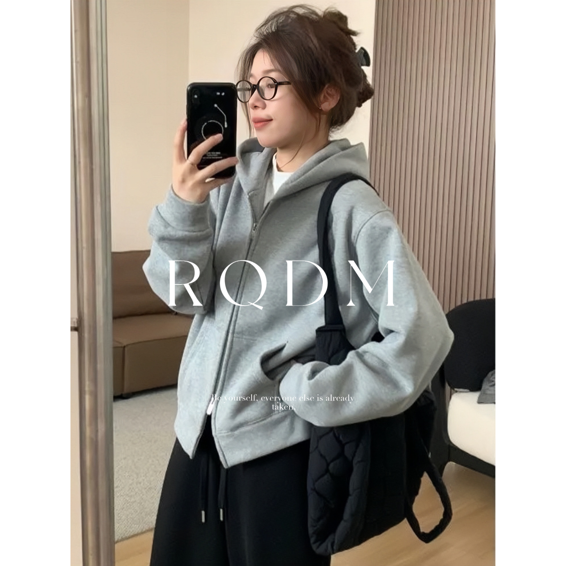 显瘦加绒加厚连帽双拉链卫衣外套