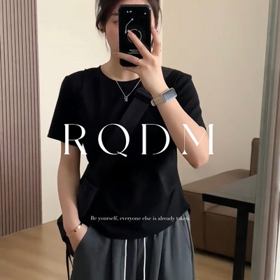 设计感纯色收腰圆领正肩短袖T恤