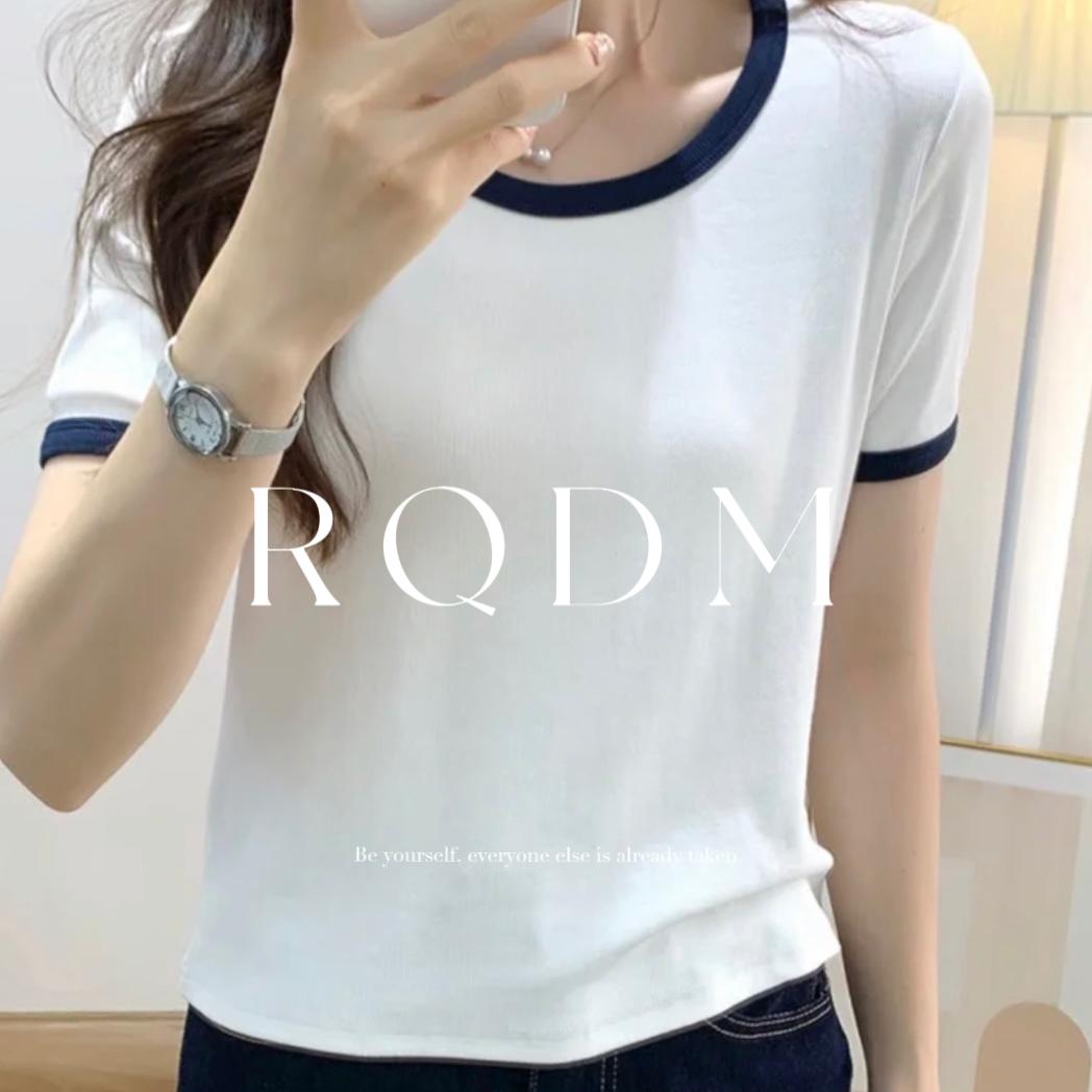 u领撞色宽松显瘦正肩短袖T恤上衣