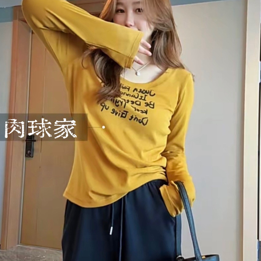 大码女装2025春秋新款胖MM韩系字母印花纯欲风U领正肩长袖T恤上衣