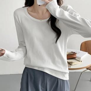 大码女装2026春秋新款胖妹妹U领显瘦宽松百搭纯色正肩长袖T恤上衣