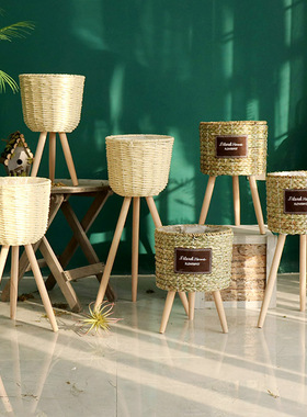 北欧风格创意藤编草编花篮木质高花架落地式室内客厅装饰绿萝花盆