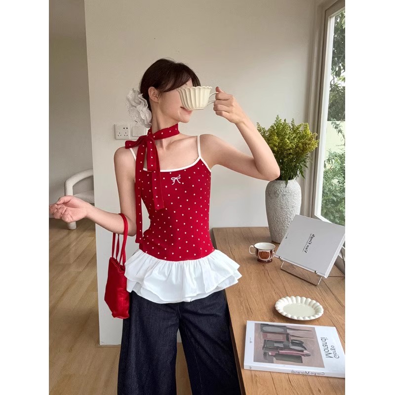 拼接波点红色吊带背心女夏季新款蝴蝶结花边修身显瘦短款上衣潮