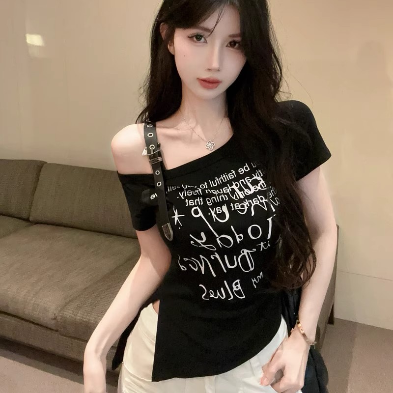 不规则斜肩短袖t恤女一字肩上衣