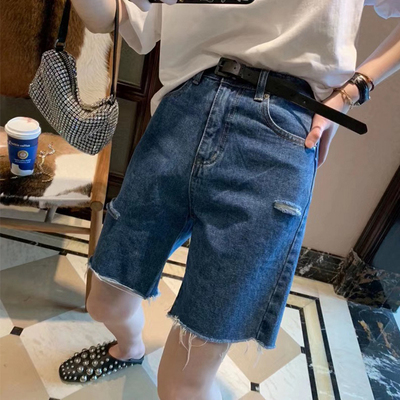 大码破洞牛仔短裤女夏胖妹妹mm宽松阔腿裤梨型身材显瘦中裤五分裤