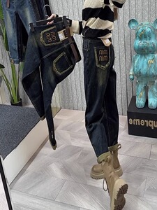 梨型身材裤子大码高腰加绒哈伦牛仔裤女冬胖mm宽松显瘦萝卜老爹裤