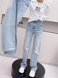 梨形身材裤子大码高腰窄版直筒牛仔裤女春胖妹妹mm宽松显瘦阔腿裤