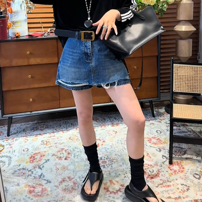 大码高腰蓝色毛边牛仔短裤女2025夏季胖妹妹显瘦阔腿a字半身裤裙