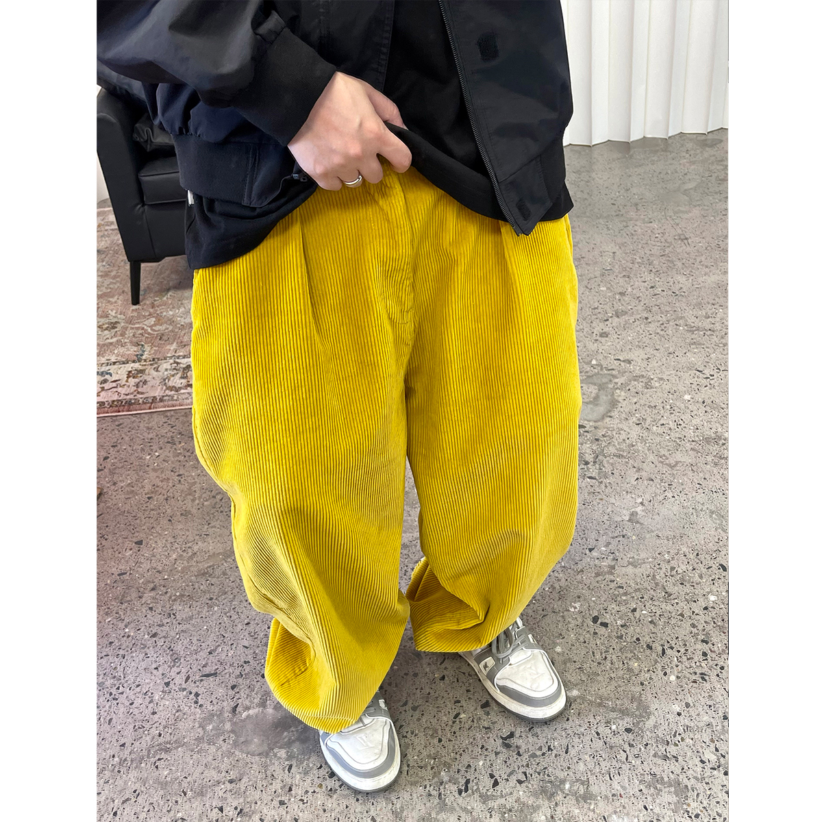 小众黄色粗条纹纯棉休闲裤