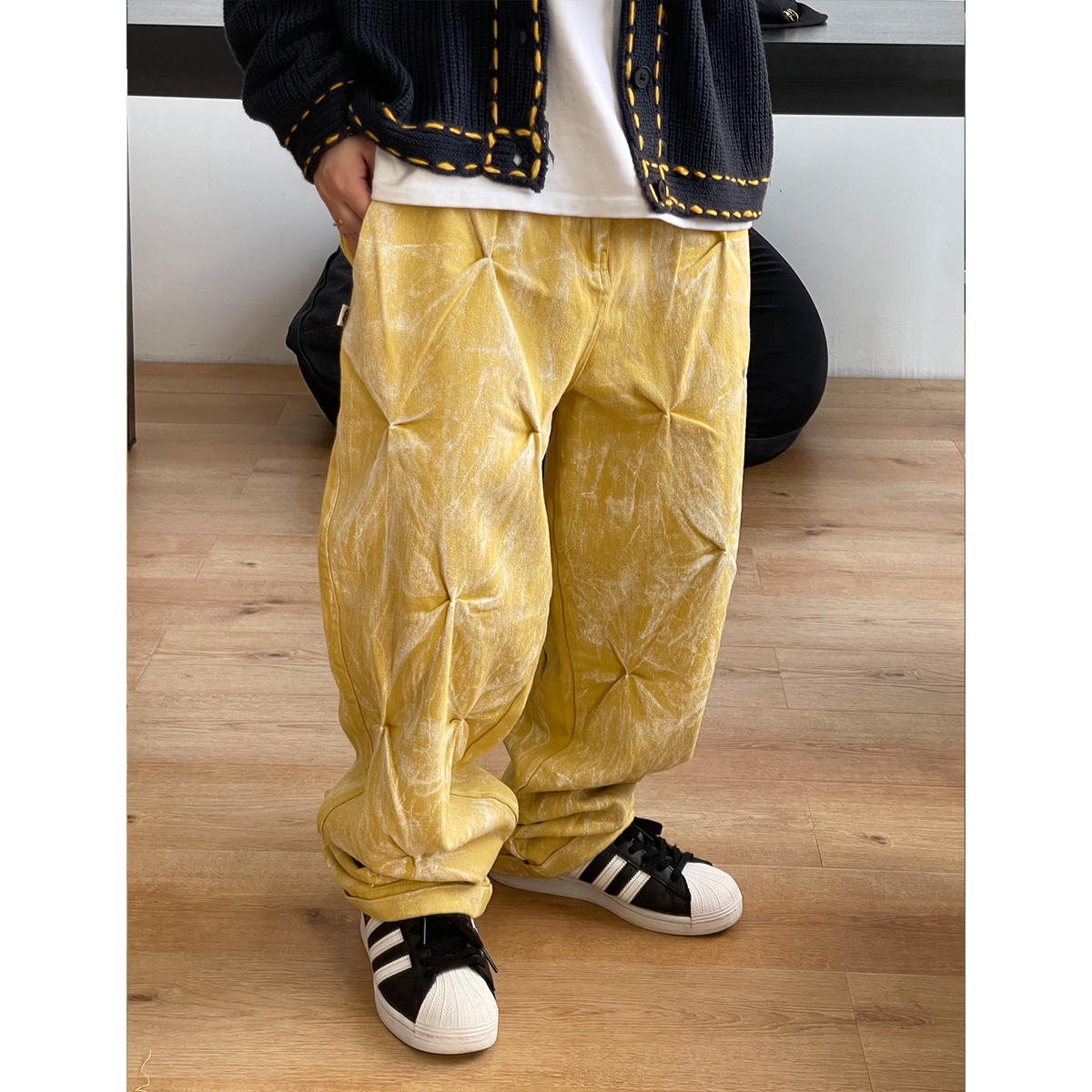 Medaigual水洗手工褶皱锥形裤