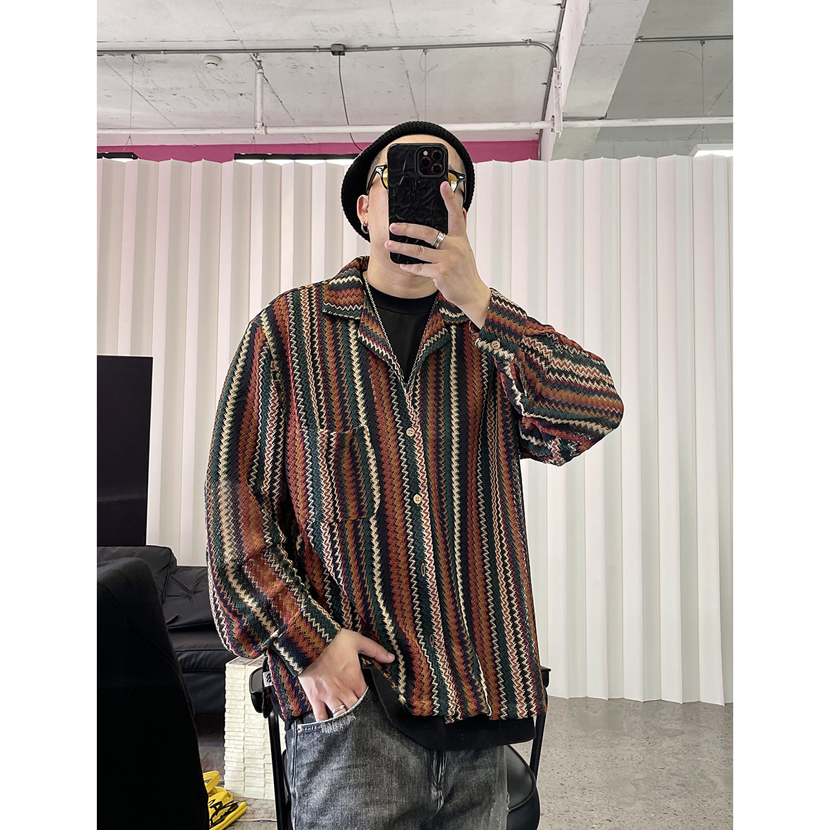 复古色织撞色条纹镂空编织衬衫