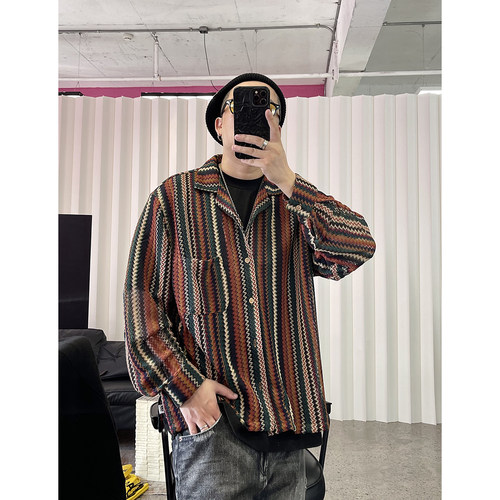 复古色织撞色条纹镂空编织衬衫