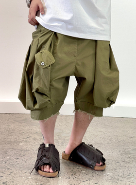 Medaigual 军绿色松紧腰多口袋工装短裤男街头超帅中裤灯笼六分裤