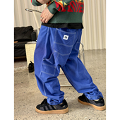 Medaigual 街头滑板锥形休闲裤 水洗法工蓝撞色明线多袋伐木工装 裤