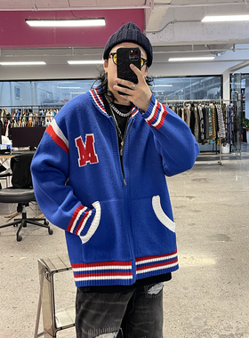 Medaigual 美式宝蓝色街头滑板宽松棒球服外套男街舞重磅拉链毛衣