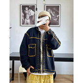 口袋翻领宽松毛衣针织衫 Medaigual 撞色手工穿线工装 外套男女夹克