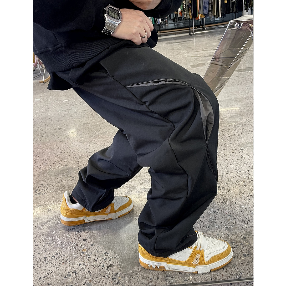 Medaigual 弧形撞色松紧宽松小脚锥形裤男街头滑板防水加绒工装裤