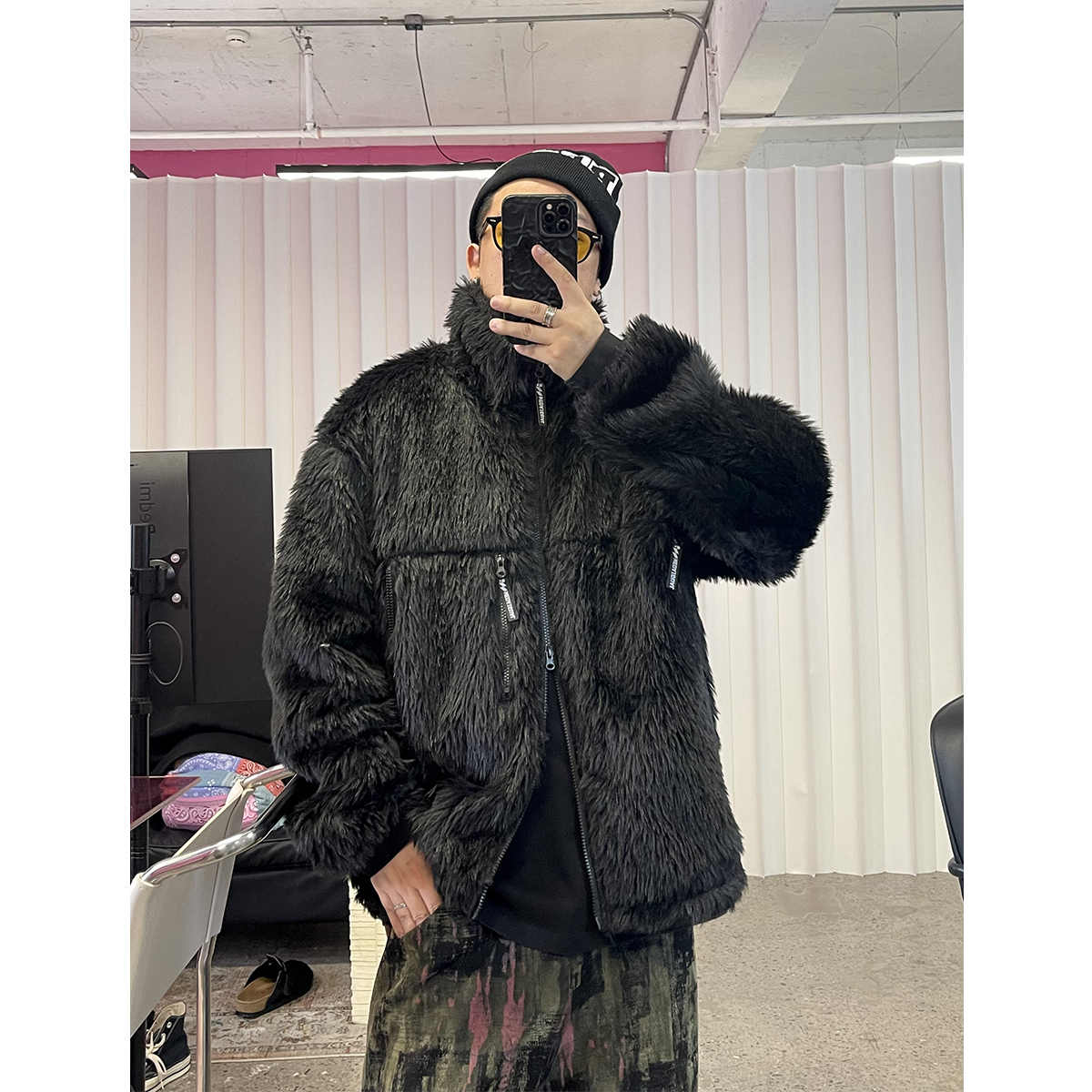 Medaigual 春秋黑色拉链多口袋立领毛毛外套男街头滑板小众夹克衫