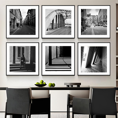 建筑黑白现代简约客厅装饰画餐厅壁画玄关挂画老照片街区风景桥画