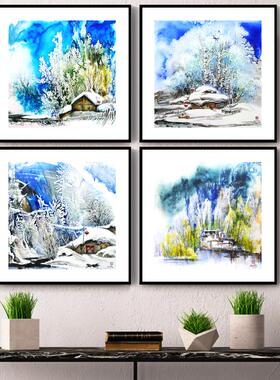 鲜艳靓丽色彩林中小屋冰山雪地画