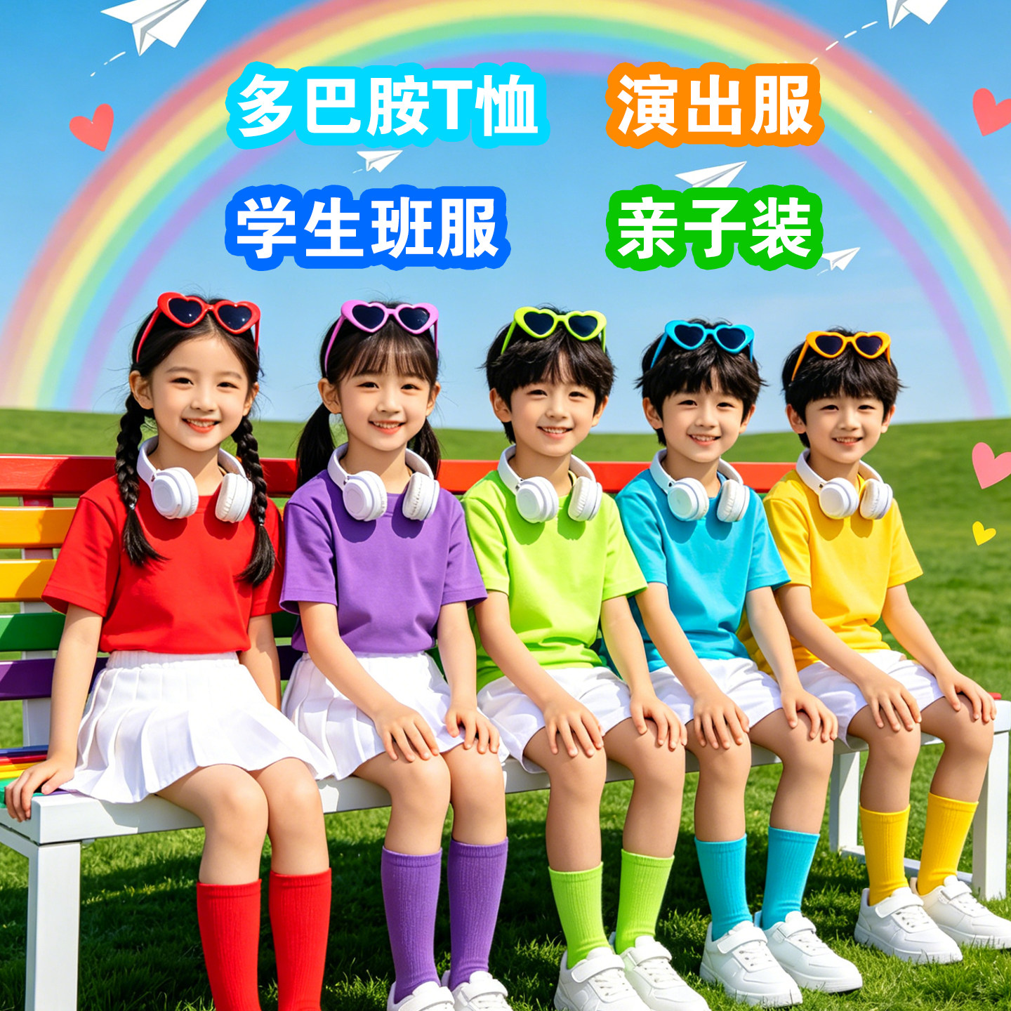 六一糖果彩色儿童t恤幼儿园小学生运动会班服表演出服装亲子套装