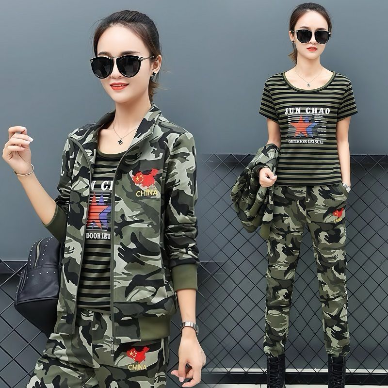弹力迷彩服套装女士水兵舞短袖T恤秋季休闲服三件套显瘦新款整套