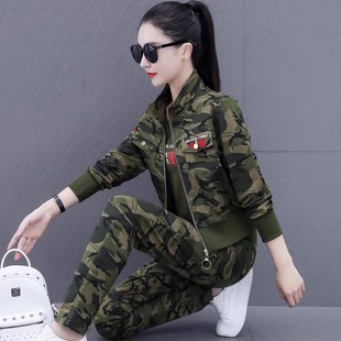 2025年春秋军绿色迷彩运动服套装女宽松跳舞休闲春季卫衣三件套棉