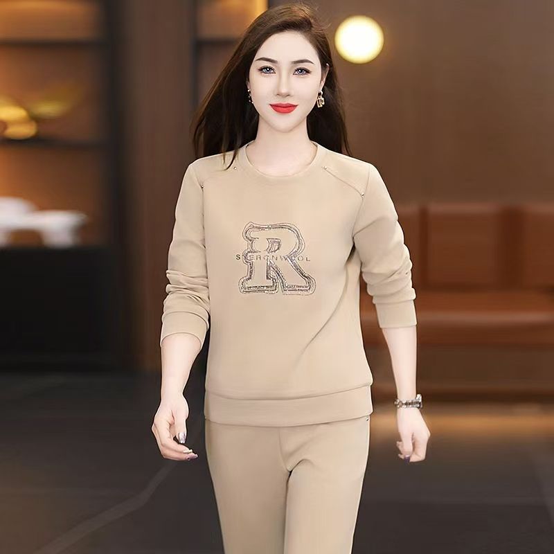 新款春秋高档中厚圆领时尚运动卫衣套装中年妈妈宽松显瘦二件套潮