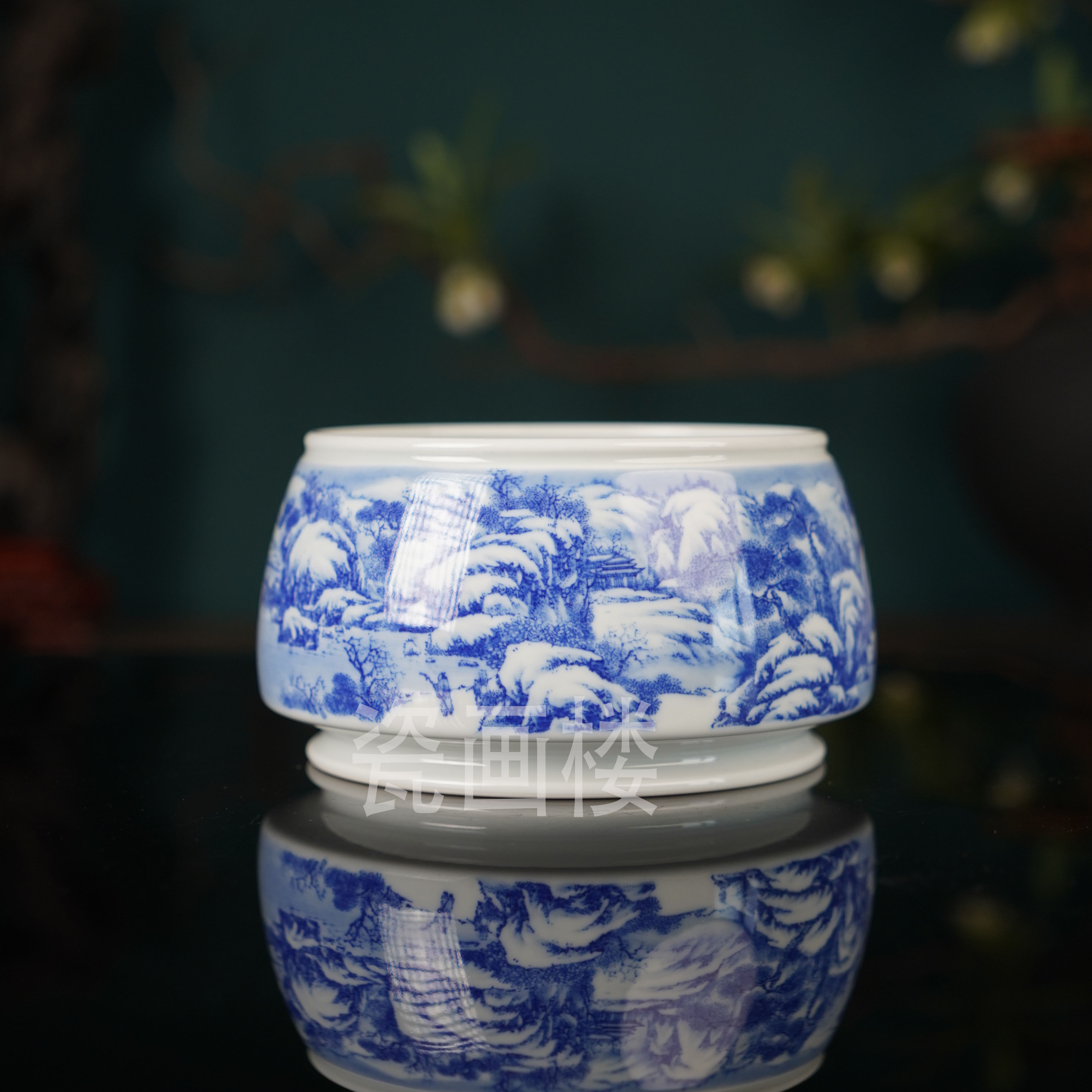 云山片玉-青花雪景诗文书法茶洗 景德镇陶瓷高端茶具